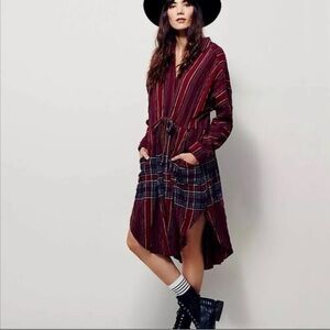 Free People Ray of Light Striped Burgundy Plaid Women Midi Dress